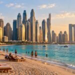 Beachfront hotels and Dubai Marina skyline from JBR beach