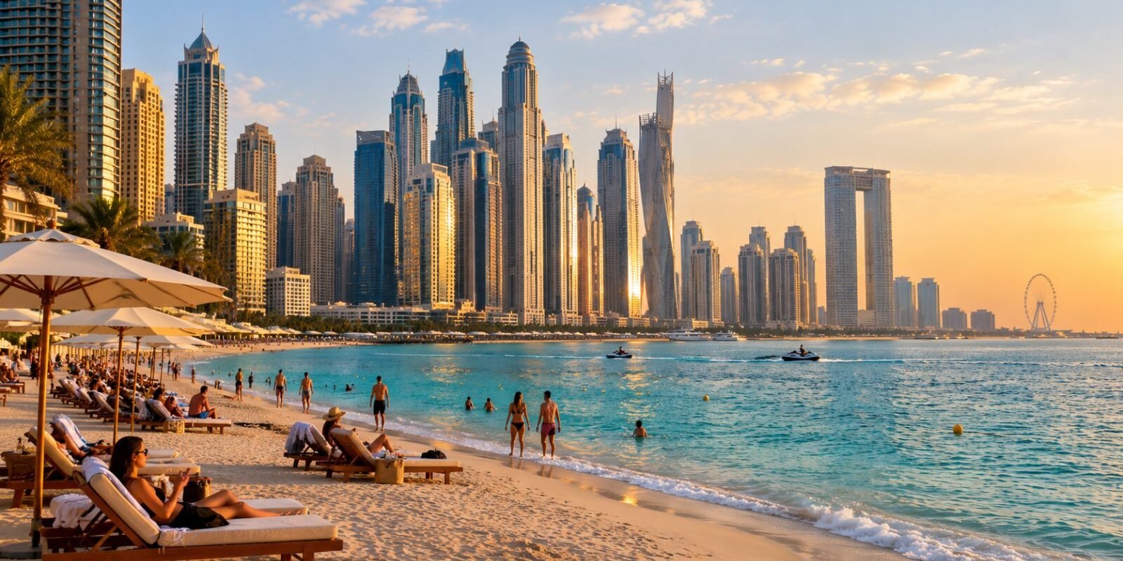 Beachfront hotels and Dubai Marina skyline from JBR beach