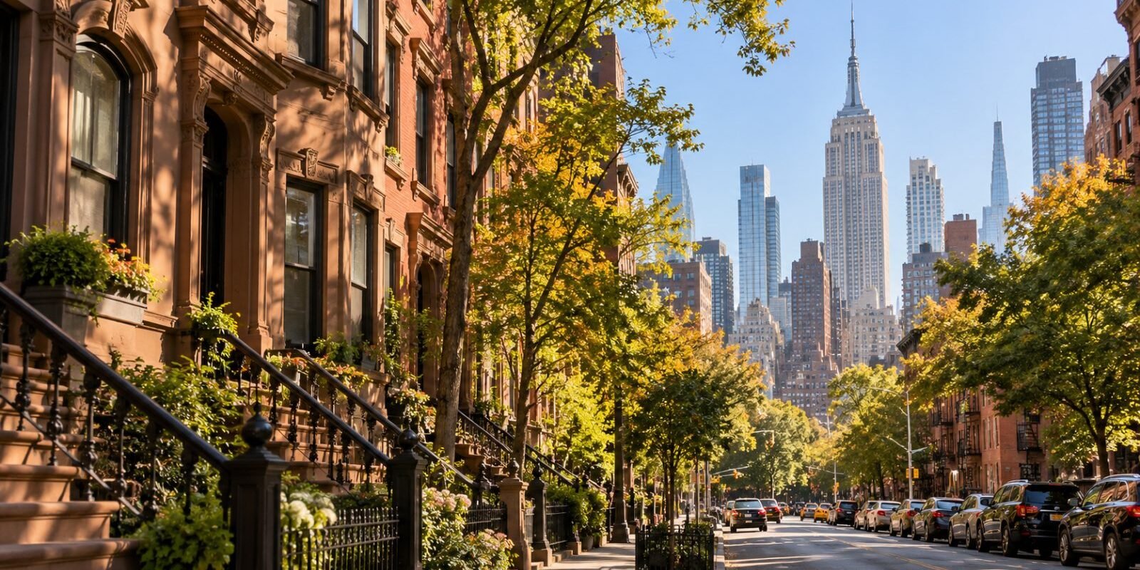 Manhattan street with brownstone houses and Midtown skyscrapers