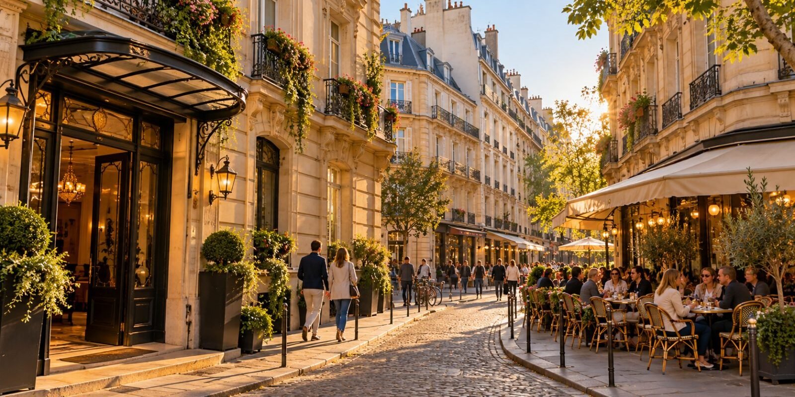 Parisian street with Haussmann buildings, a cafe terrace and hotel balconies