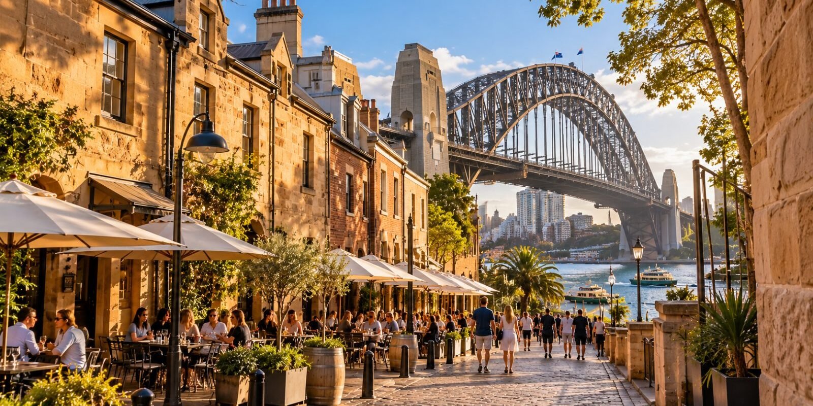 A historic laneway in The Rocks with the Sydney Harbour Bridge behind