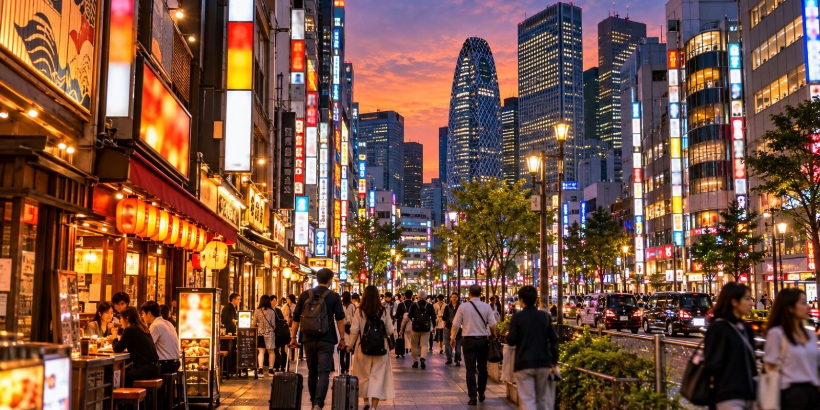 Neon-lit Tokyo street in Shinjuku at dusk with hotels and restaurants